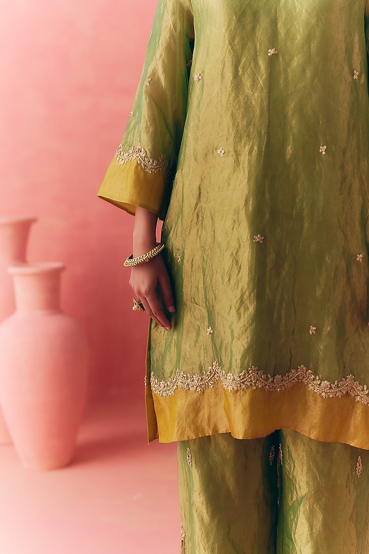 Forest Green & Yellow Pure Banarasi Silk Tissue Zari Embroidered Kurta Set by MIRASA at Pernia's Pop Up Shop