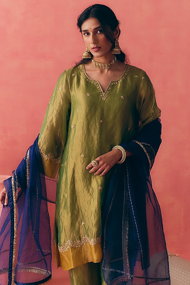 Forest Green & Yellow Pure Banarasi Silk Tissue Zari Embroidered Kurta Set by MIRASA at Pernia's Pop Up Shop