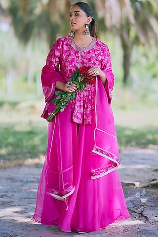 Pink Pure Silk Chanderi Zari Embroidered Sharara Set by MIRASA