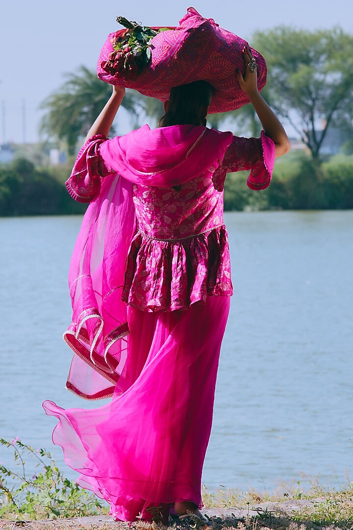 Pink Pure Silk Chanderi Zari Embroidered Party Wear Sharara Set by MIRASA at Pernia's Pop Up Shop