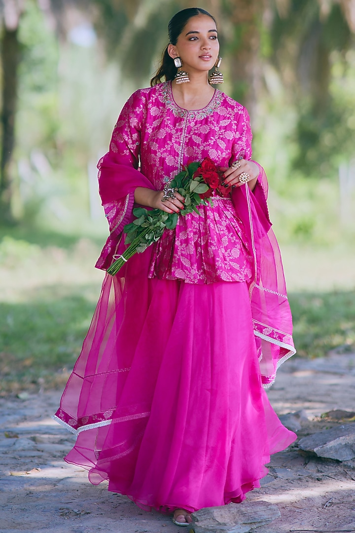 Pink Pure Silk Chanderi Zari Embroidered Party Wear Sharara Set by MIRASA at Pernia's Pop Up Shop