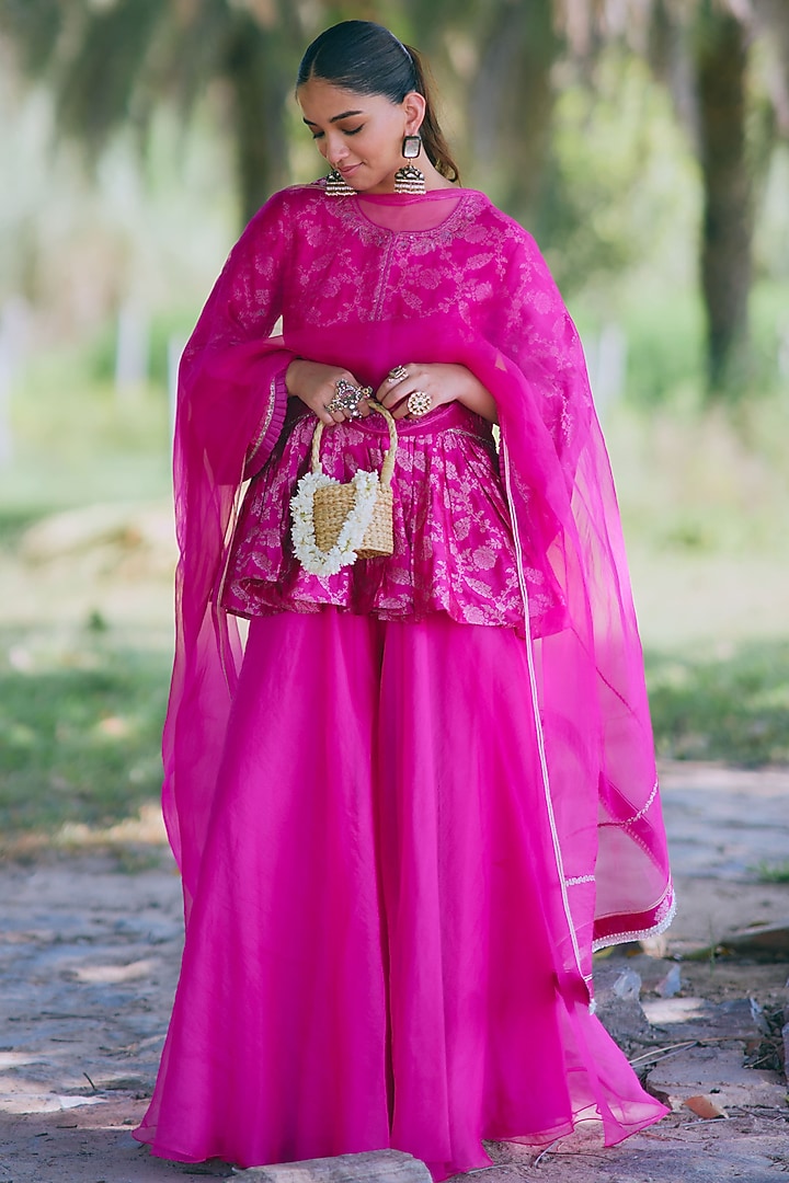 Pink Pure Silk Chanderi Zari Embroidered Party Wear Sharara Set by MIRASA at Pernia's Pop Up Shop