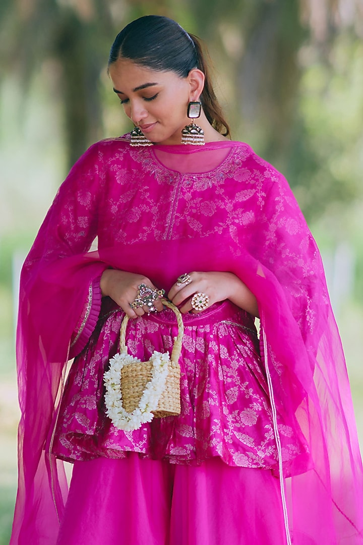 Pink Pure Silk Chanderi Zari Embroidered Party Wear Sharara Set by MIRASA at Pernia's Pop Up Shop