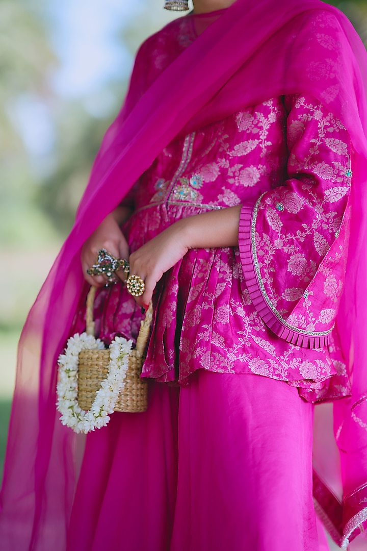 Pink Pure Silk Chanderi Zari Embroidered Party Wear Sharara Set by MIRASA at Pernia's Pop Up Shop