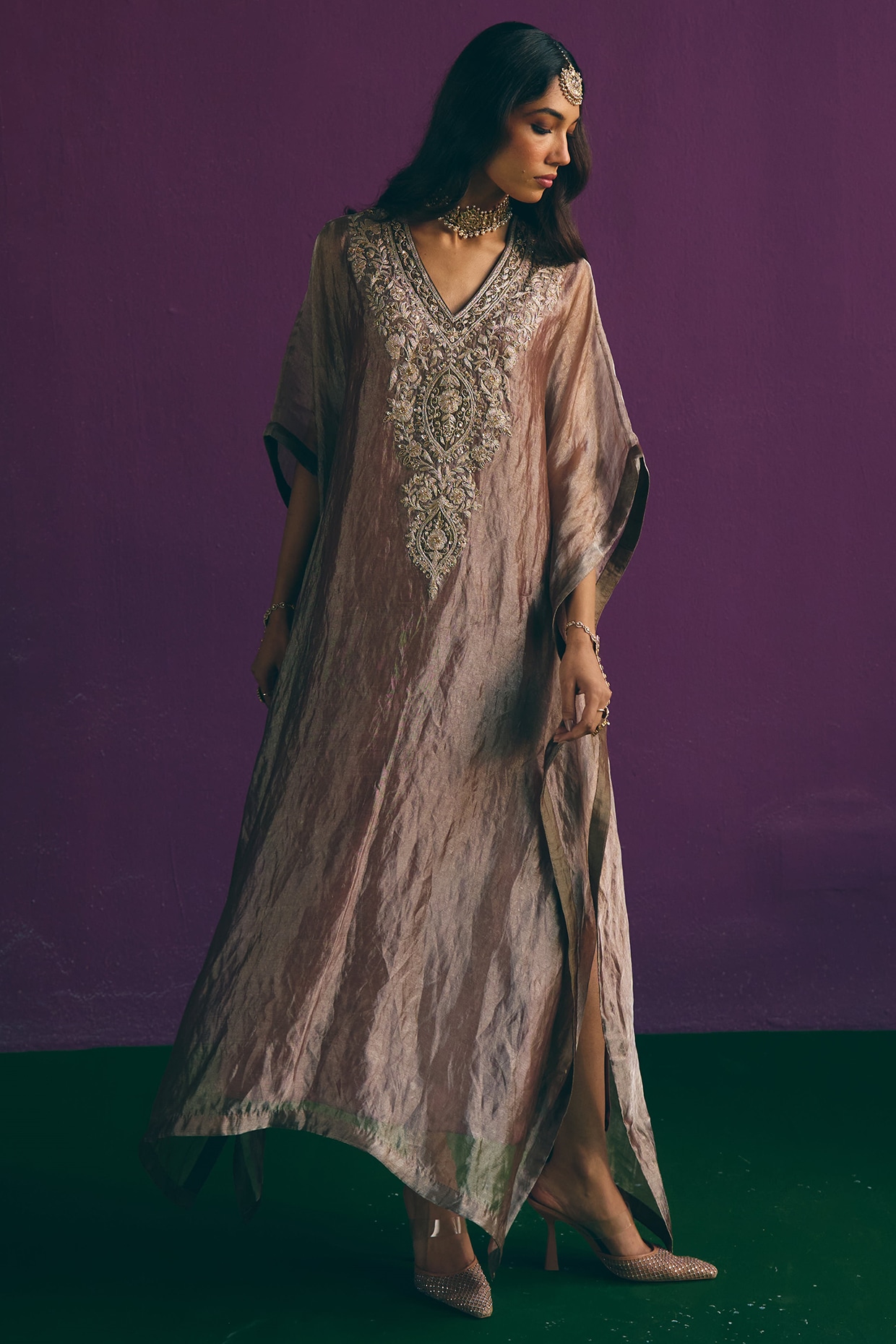 MIRASA Blush Brown Pure Banarasi Silk Tissue Zari Embroidered Kurta Set