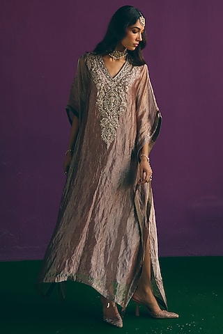 Blush Brown Pure Banarasi Silk Tissue Zari Embroidered Kurta Set by MIRASA