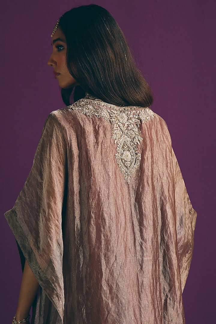 Blush Brown Pure Banarasi Silk Tissue Zari Embroidered Kurta Set by MIRASA at Pernia's Pop Up Shop