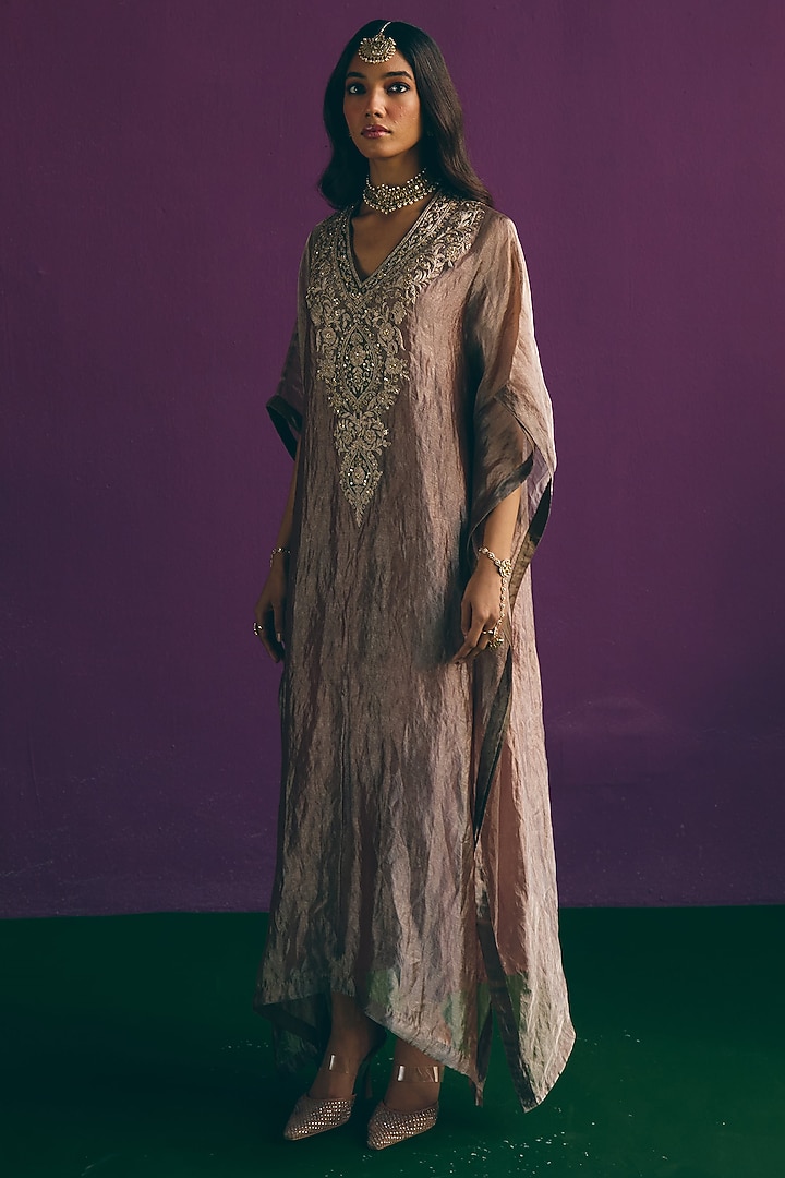 Blush Brown Pure Banarasi Silk Tissue Zari Embroidered Kurta Set by MIRASA at Pernia's Pop Up Shop