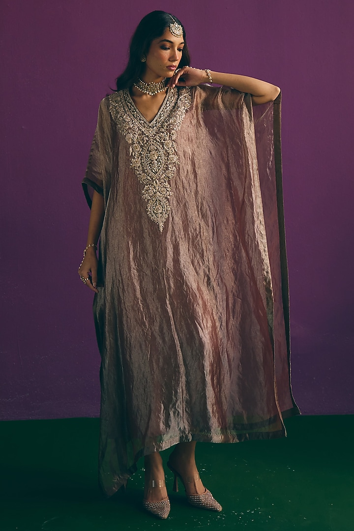 Blush Brown Pure Banarasi Silk Tissue Zari Embroidered Kurta Set by MIRASA at Pernia's Pop Up Shop