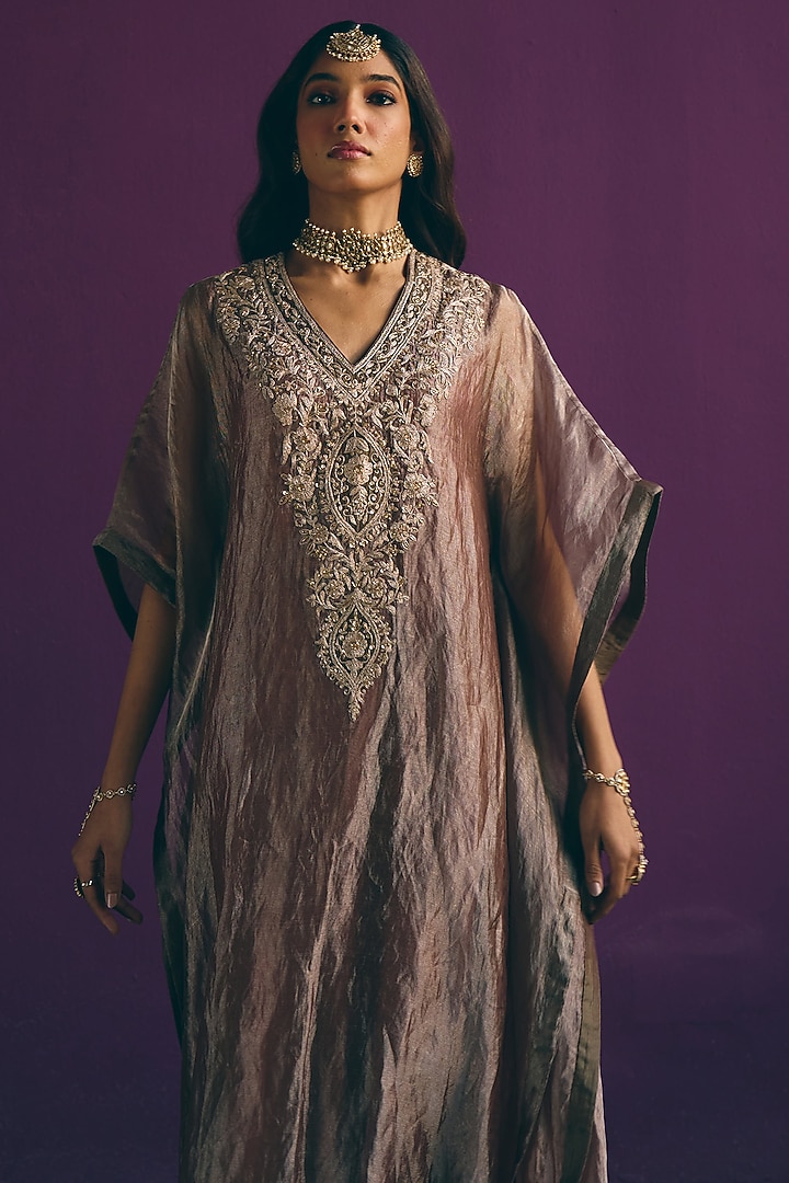 Blush Brown Pure Banarasi Silk Tissue Zari Embroidered Kurta Set by MIRASA at Pernia's Pop Up Shop