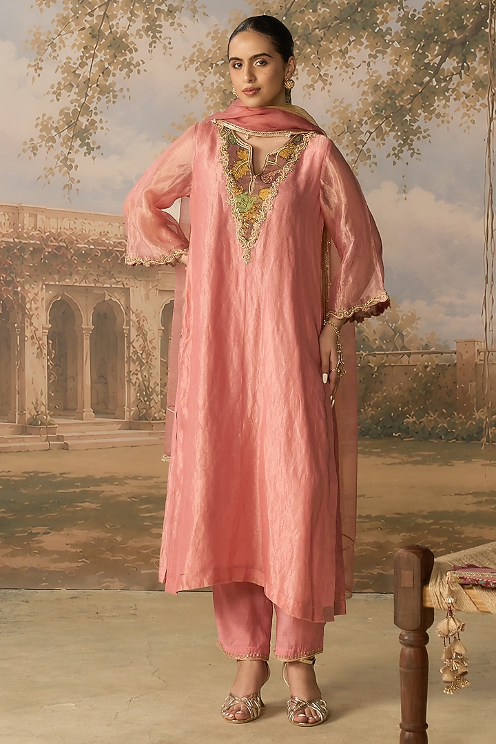Blush Pink Banarasi Tissue Hand Embroidered Kurta Set by MIRASA at Pernia's Pop Up Shop