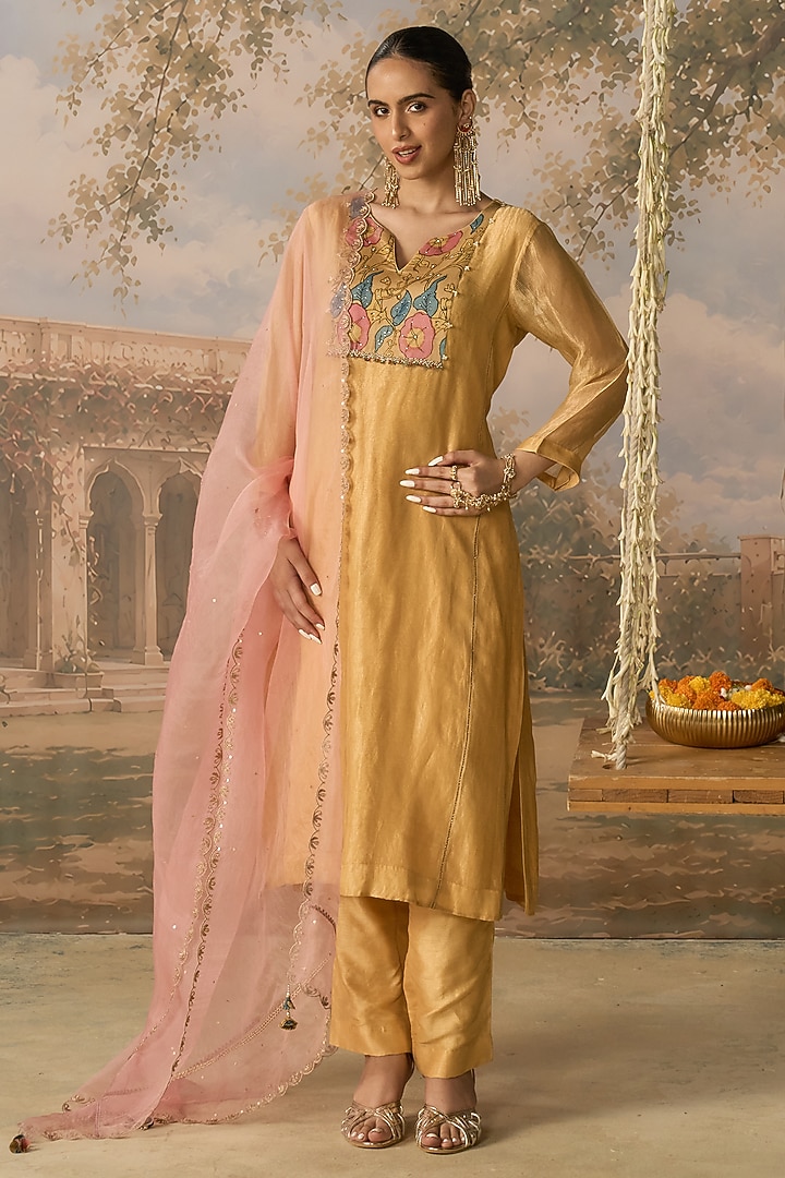 Butter Yellow Banarasi Tissue Hand Embroidered Kurta Set by MIRASA at Pernia's Pop Up Shop