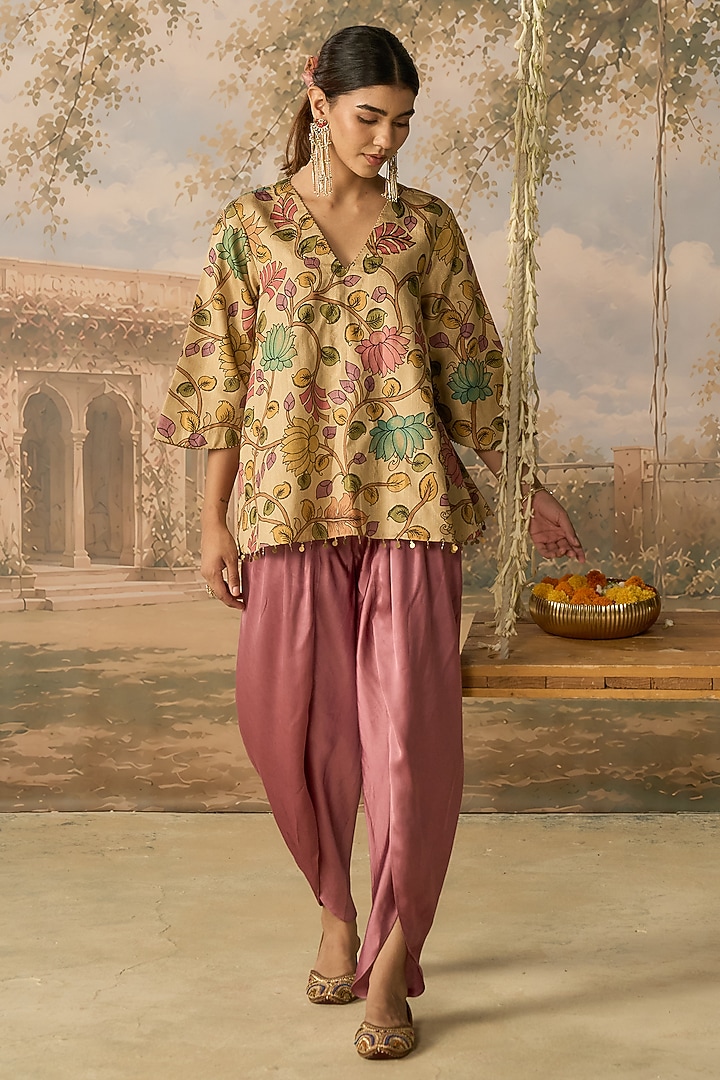 Beige & Rose Pink Cotton Tussar Blend Co-Ord Set by MIRASA at Pernia's Pop Up Shop