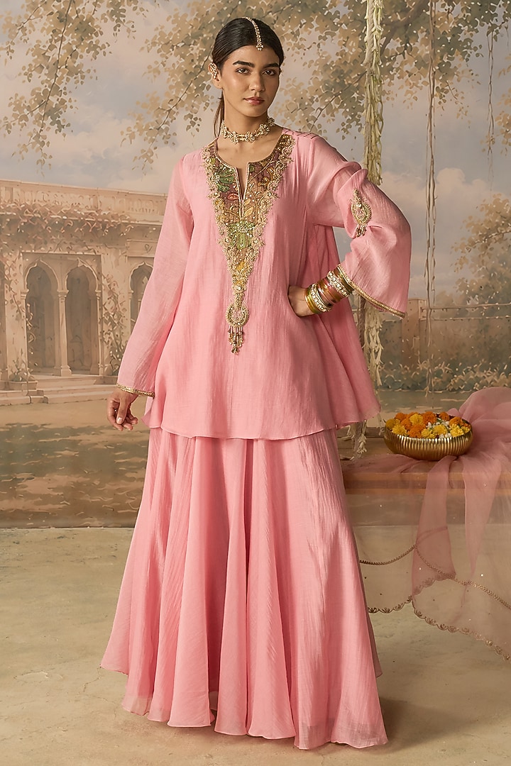 Blush Pink Pure Mul Chanderi Skirt Set by MIRASA at Pernia's Pop Up Shop