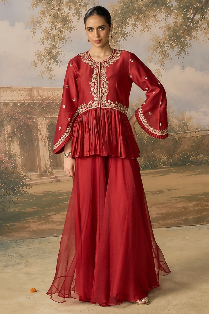 Red Silk Organza Wedding Sharara Set by MIRASA at Pernia's Pop Up Shop