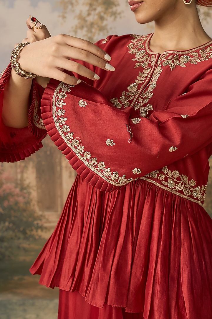 Red Silk Organza Wedding Sharara Set by MIRASA at Pernia's Pop Up Shop