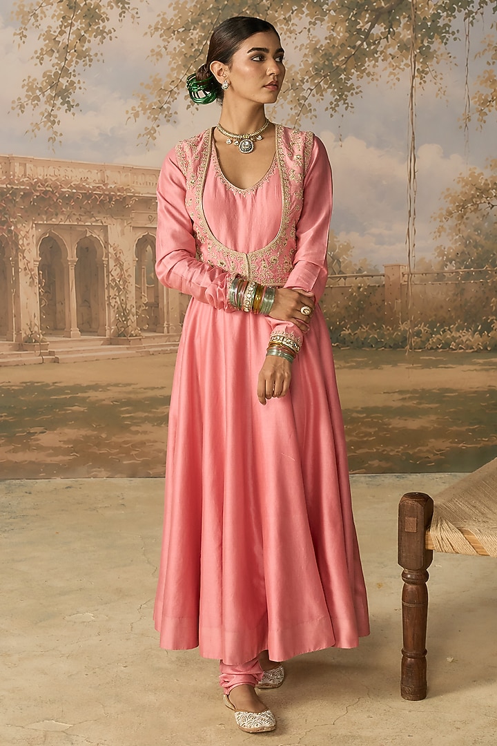 Pink Pure Silk Chanderi Wedding Anarkali Set by MIRASA at Pernia's Pop Up Shop