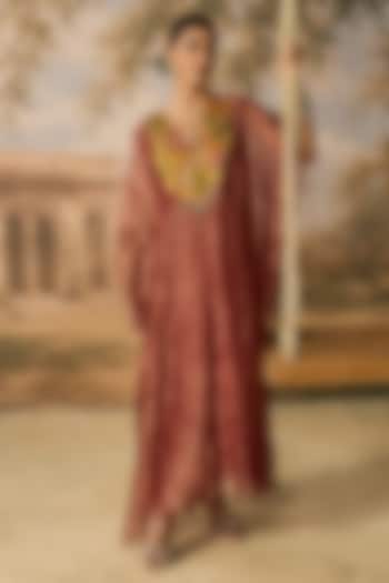 Dusty Rose & Mustard Pure Banarasi Tissue Hand Embroidered Kaftan Set by MIRASA at Pernia's Pop Up Shop