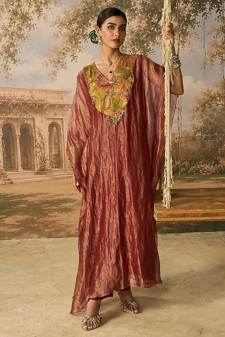Dusty Rose & Mustard Pure Banarasi Tissue Hand Embroidered Kaftan Set by MIRASA at Pernia's Pop Up Shop