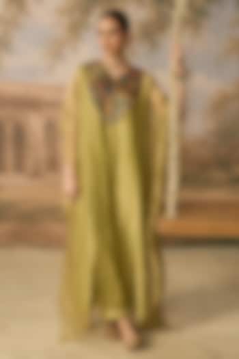 Olive Green & Rust Pure Banarasi Tissue Hand Embroidered Kaftan Set by MIRASA at Pernia's Pop Up Shop