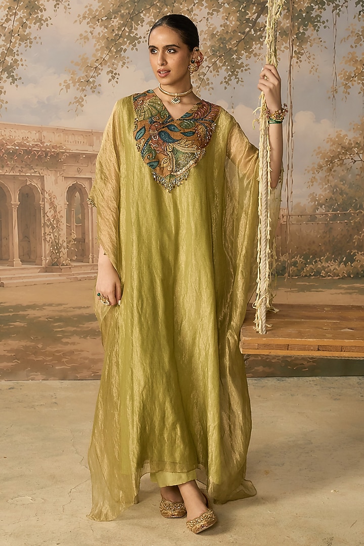 Olive Green & Rust Pure Banarasi Tissue Hand Embroidered Kaftan Set by MIRASA at Pernia's Pop Up Shop