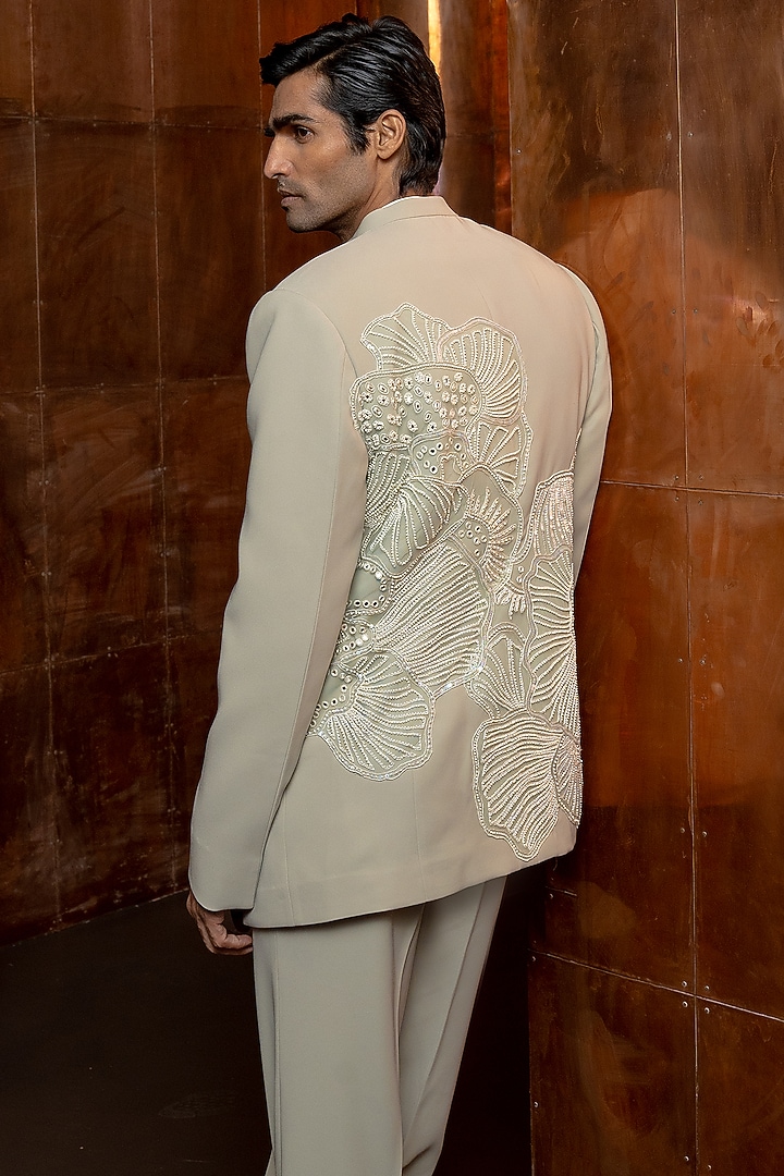 Sage Green Crepe Embroidered Groom Bandhgala Set by Mishru Men at Pernia's Pop Up Shop