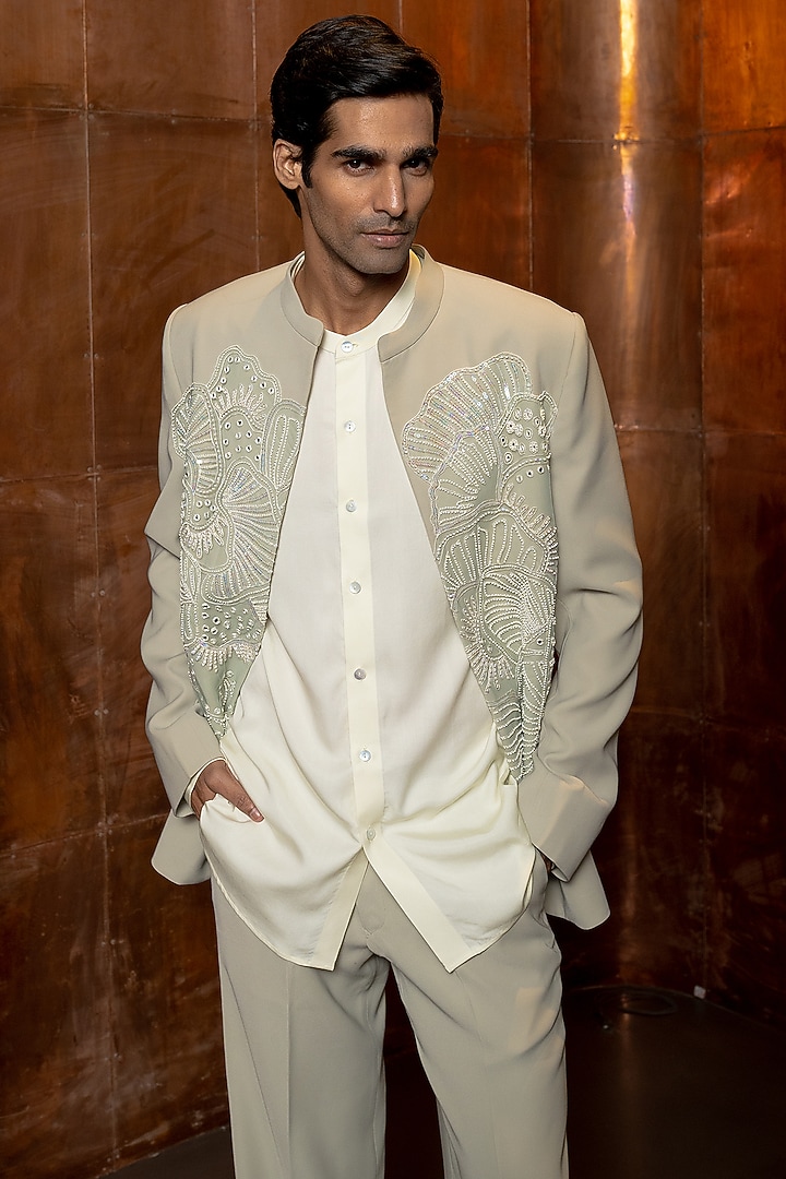 Sage Green Crepe Embroidered Groom Bandhgala Set by Mishru Men at Pernia's Pop Up Shop