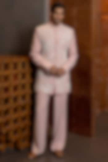 Powder Pink Crepe Embroidered Groom Bandhgala Set by Mishru Men at Pernia's Pop Up Shop