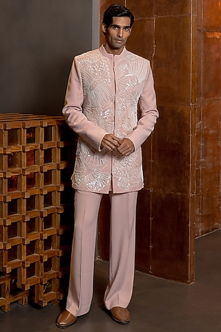Powder Pink Crepe Embroidered Bandhgala Set by Mishru Men