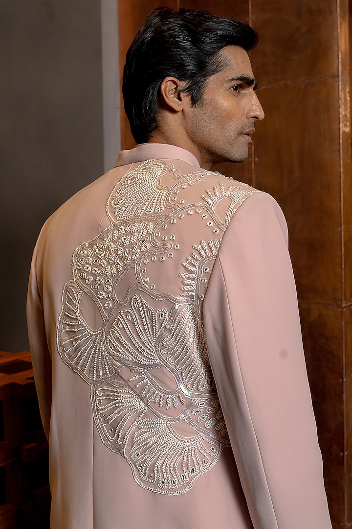 Powder Pink Crepe Embroidered Groom Bandhgala Set by Mishru Men at Pernia's Pop Up Shop