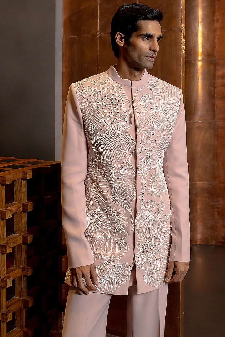 Powder Pink Crepe Embroidered Groom Bandhgala Set by Mishru Men at Pernia's Pop Up Shop