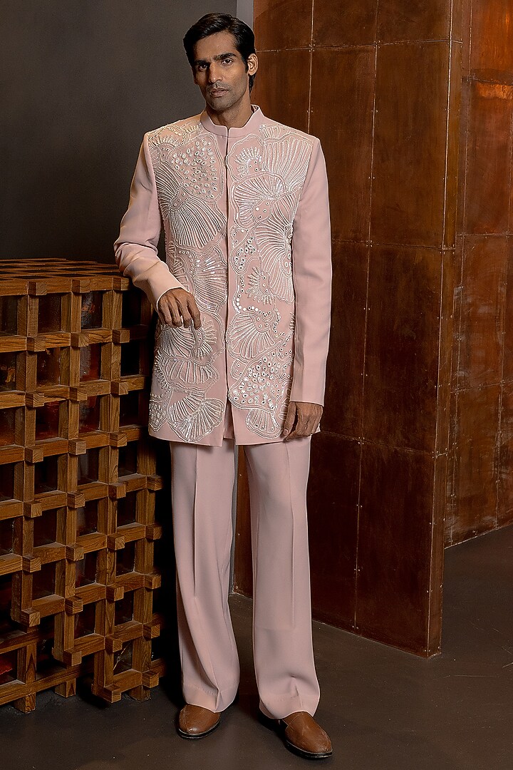 Powder Pink Crepe Embroidered Groom Bandhgala Set by Mishru Men at Pernia's Pop Up Shop