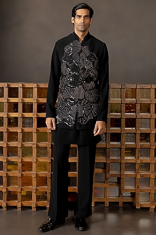 Black Crepe Embroidered Bundi Jacket Set by Mishru Men