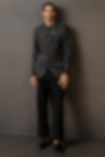 Black Crepe Embroidered Groom Bandhgala Set by Mishru Men at Pernia's Pop Up Shop