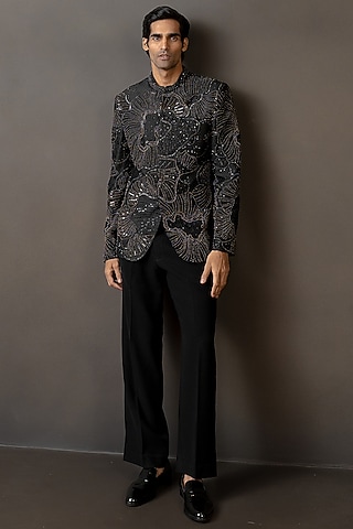 Black Crepe Embroidered Bandhgala Set by Mishru Men