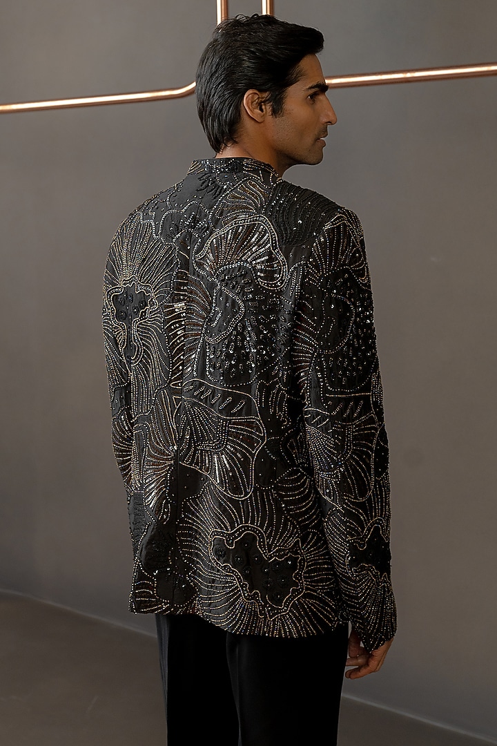 Black Crepe Embroidered Groom Bandhgala Set by Mishru Men at Pernia's Pop Up Shop