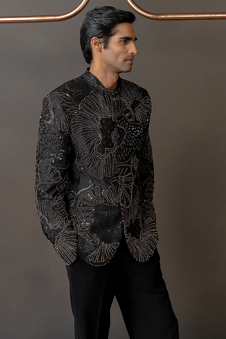 Black Crepe Embroidered Groom Bandhgala Set by Mishru Men at Pernia's Pop Up Shop
