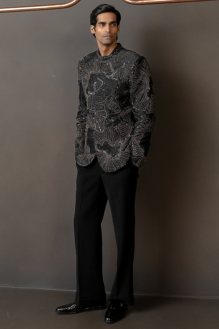 Black Crepe Embroidered Groom Bandhgala Set by Mishru Men at Pernia's Pop Up Shop