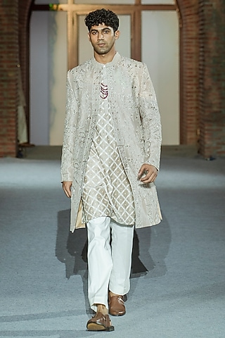 Champagne Dupion Embroidered Open Sherwani Set by Mishru Men