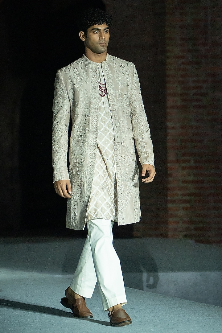 Champagne Dupion Embroidered Open Groom Sherwani Set by Mishru Men at Pernia's Pop Up Shop