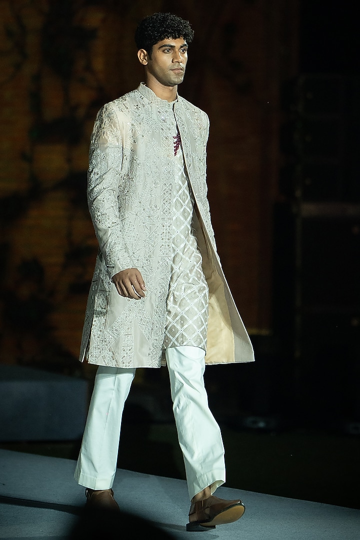 Champagne Dupion Embroidered Open Groom Sherwani Set by Mishru Men at Pernia's Pop Up Shop