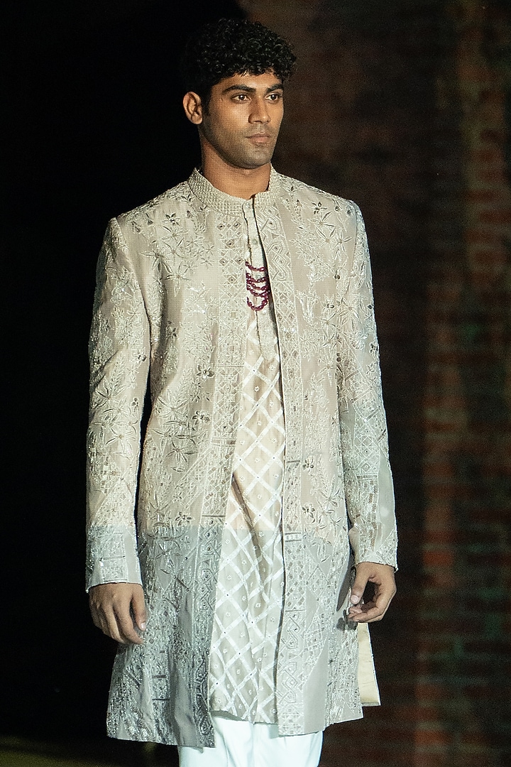 Champagne Dupion Embroidered Open Groom Sherwani Set by Mishru Men at Pernia's Pop Up Shop