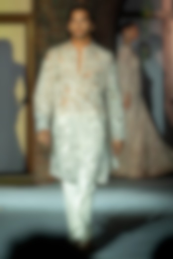 Champagne Net Embroidered Kurta Set by Mishru Men at Pernia's Pop Up Shop