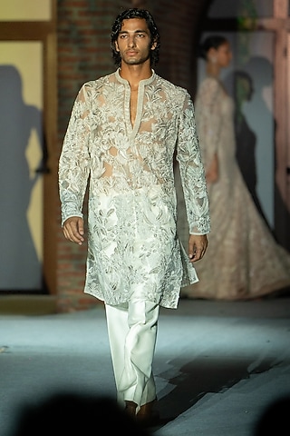 Champagne Net Embroidered Kurta Set by Mishru Men