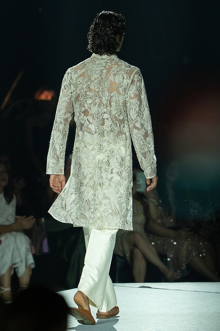 Champagne Net Embroidered Kurta Set by Mishru Men at Pernia's Pop Up Shop