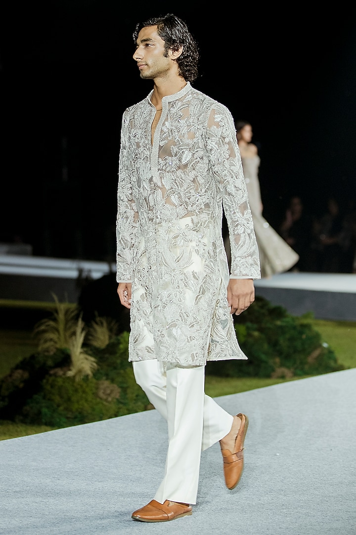Champagne Net Embroidered Kurta Set by Mishru Men at Pernia's Pop Up Shop