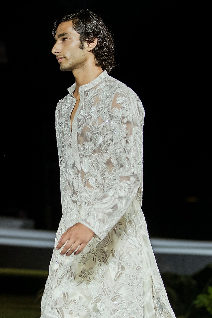 Champagne Net Embroidered Kurta Set by Mishru Men at Pernia's Pop Up Shop