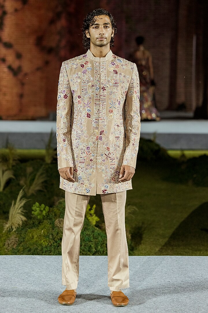 Husna Brown Silk Embroidered Groom Sherwani Set by Mishru Men at Pernia's Pop Up Shop