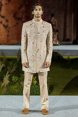 Husna Brown Silk Embroidered Sherwani Set by Mishru Men