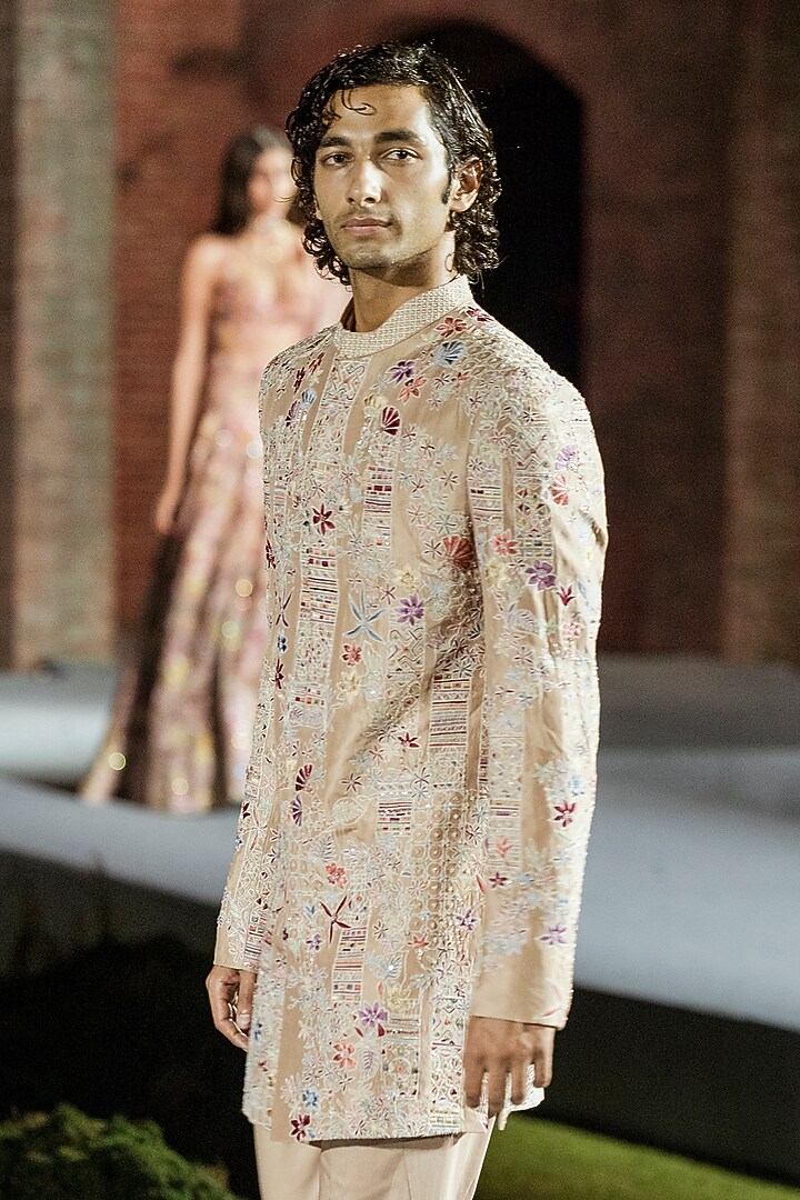 Husna Brown Silk Embroidered Groom Sherwani Set by Mishru Men at Pernia's Pop Up Shop
